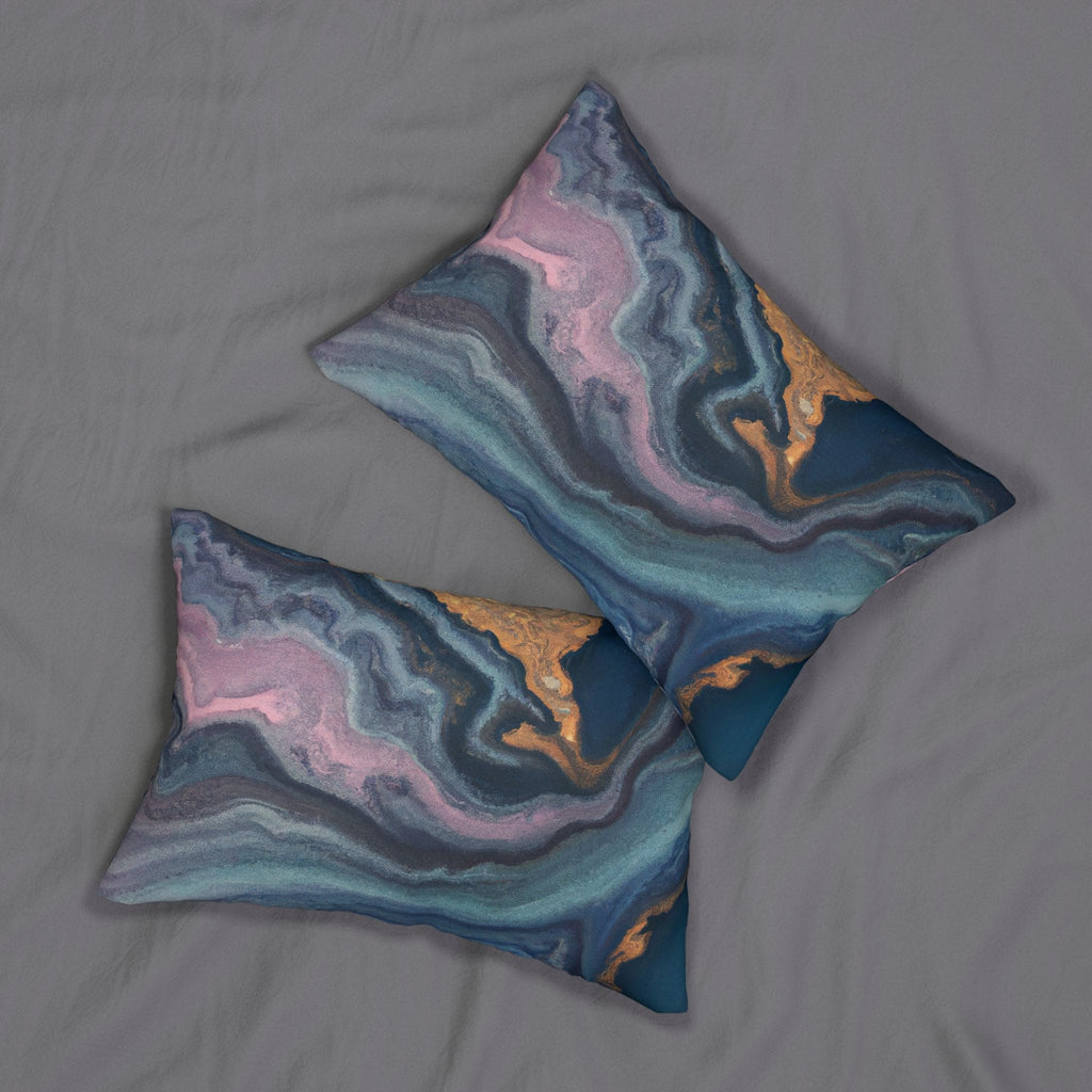 Decorative Lumbar Throw Pillow - Blue Pink Gold Abstract Marble Swirl Pattern-3