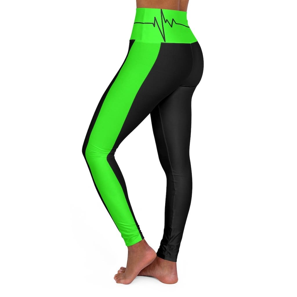 High Waisted Yoga Leggings - Black and Neon Green Beating Heart Sports Pants-3